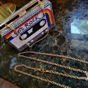 Women Retro Rhinestone Cassette 80's Rock Metal Vintage Evening Clutch Purse Bag